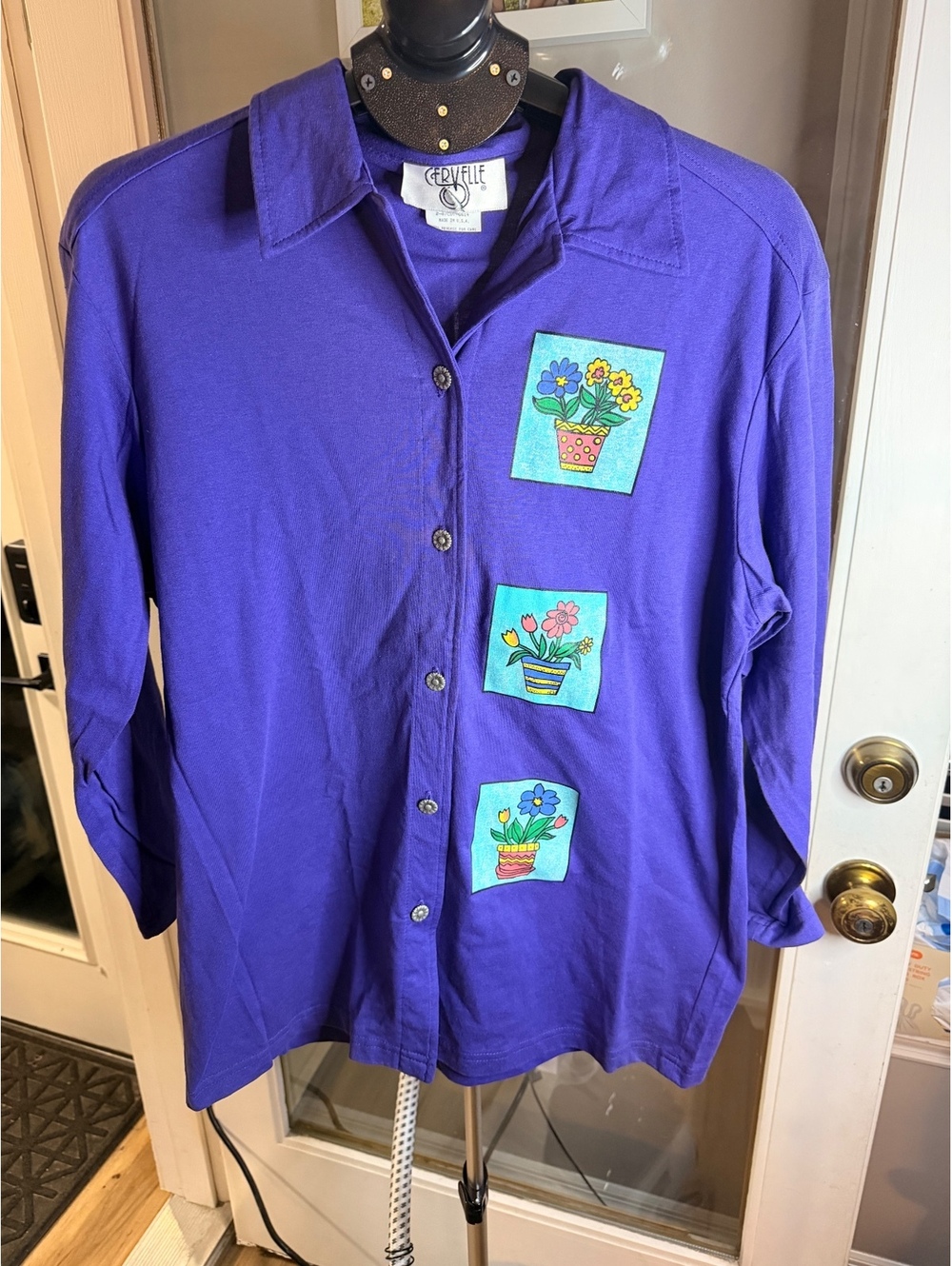 Cervelle Purple Button Front Blouse with Floral Applique
